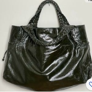 Salvadore  Ferragamo Italian Handbag, Black Patient Leather, Braided Handles